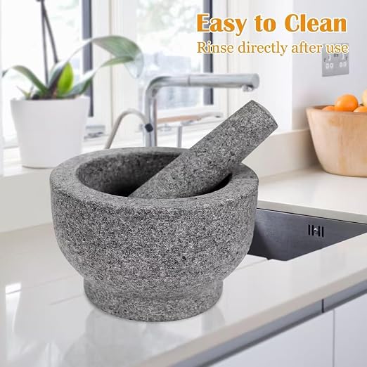 7" Heavy Granite Mortar and Pestle Set, 4 Cup，Molcajete,Guacamole Bowl | Natural Unpolished Stone Grinder for Spices, Garlic, Seeds,Guacamole, Herbs & Kitchen Use