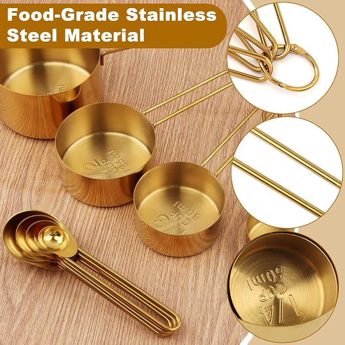 8pcs Measuring Cups and Spoons Set, Stainless Steel Measuring Cup Coffee Spoon Kitchen Gadgets, Stackable Measurin-g Cup Cooking Baking Accessories, Easy To Read(COLOR:gold)