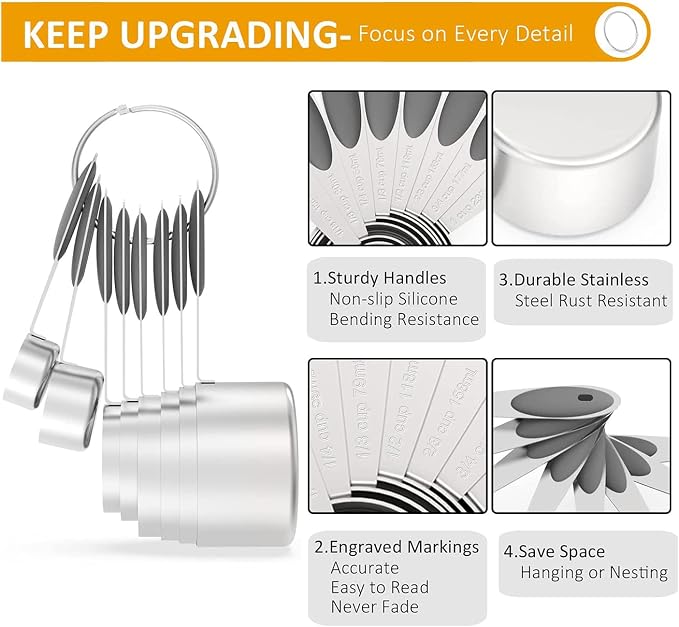 Wildone Measuring Cups and Magnetic Measuring Spoons Set, 16Pcs | 8 Stainless Measuring Cups, 7 Double-sided Magnetic Measuring Spoons & Leveler for Spice Jar and Liquid Measuring, Gray