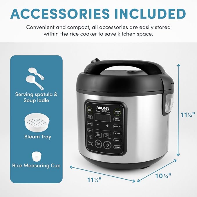 AROMA Professional Digital Rice Cooker, 10-Cup (Uncooked) / 20-Cup (Cooked), Multicooker, Slow Cooker, Steamer, Oatmeal Cooker, Egg Cooker, STS, 5 Qt, Black, ARC-5200SB