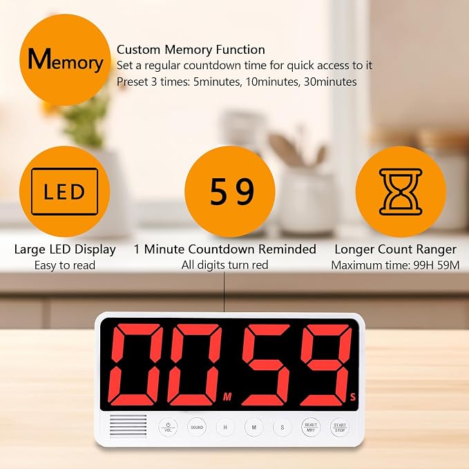 Digital Kitchen Timer - 7.1” Extra Large Display LED Countdown Timer | Rechargeable Magnetic Back, 6 Alarms 4 Levels Volume, 3Memory Presets, Max 99Hrs, On/Off, Automatic Off for Classroom Kitchen