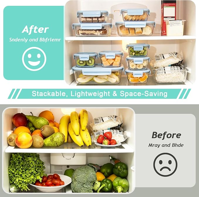 8 Pack Glass Food Storage Containers with Lids(LightBlue) | Meal Prep Containers with Snap Locking Lids, Airtight Lunch Containers for Microwave, Oven, Freezer and Dishwasher, BPA Free