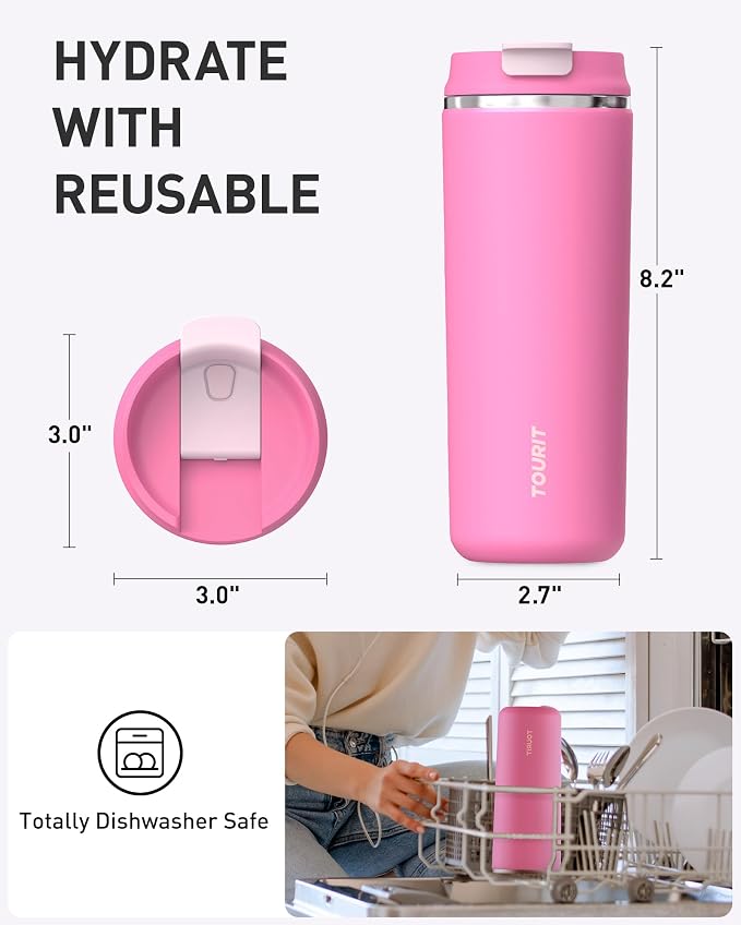 TOURIT 16 oz Insulated Stainless Steel Travel Mug with Lid, Leak-Proof Double-Wall Vacuum Tumbler, Reusable Coffee Cup - Pink