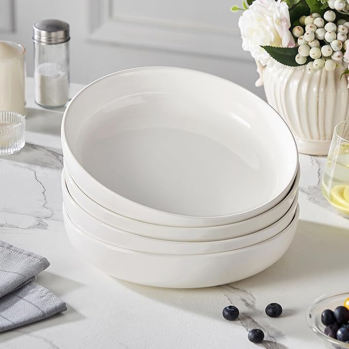 MALACASA 48 Oz Pasta Bowls Set of 4, Ceramic Salad Bowls, White | Microwave, Oven (482F), and Dishwasher Safe, For Pasta, Salad, Cereal, and Soup, 9 Inch Wide Shallow Design, Stackable, LUNA