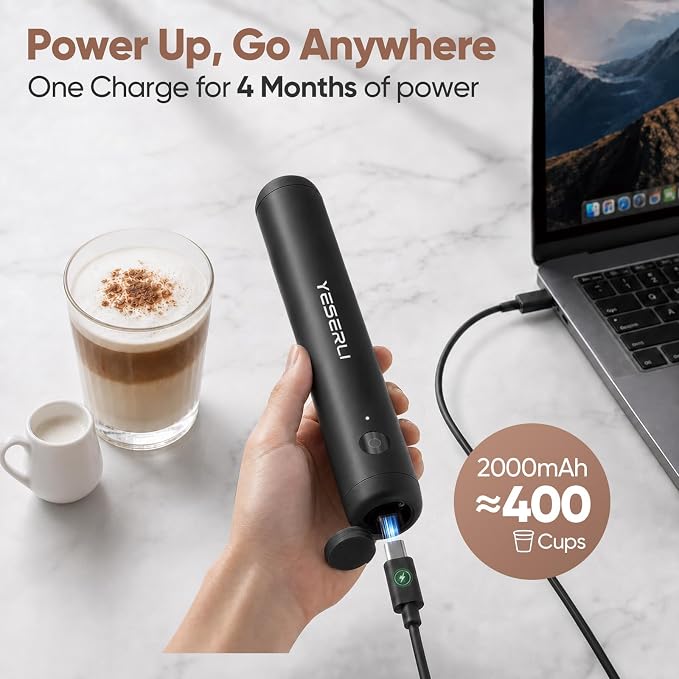 Rechargeable Milk Frother Handheld-2000mAh Battery | Frother Wand with Dual Detachable Whisk Heads, 2 Speeds, IPX6 Waterproof Drink Mixer & Stand for Latte, Cappuccino, Matcha
