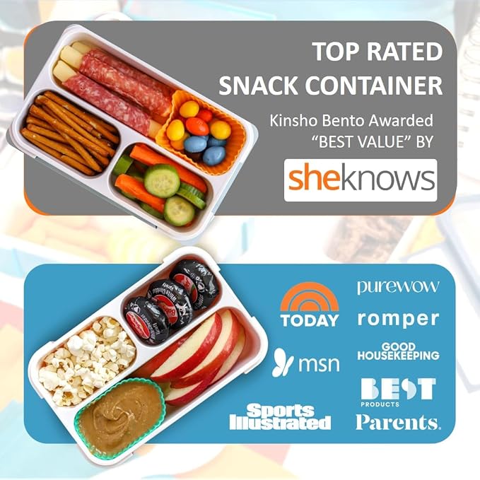 kinsho Small Snack Box Container for Kids Toddlers, Set of 2 (Black + Gray) | 3 Compartments, Leak-Proof, Spill Proof, BPA-Free Reusable Small Mini Bento Lunch Box for Daycare School Travel, Holds 2 Cups