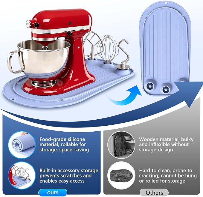 Upgraded Mixer Slider Mat for KitchenAid 4.5-5 Qt Tilt-Head Stand Mixer | Silicone Countertop Mover with 3 Attachment Storage Slots, Non-Slip Mixer Pad Organizer for Dough Hook Whisk Flat Beater