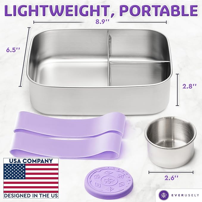 Stainless Steel Bento Box + Condiment Container - Lavender, 60oz / 1.8 L | Everusely extra large metal lunch box, leakproof sauce container, 3 compartment snack organizer, freezer & dishwasher safe