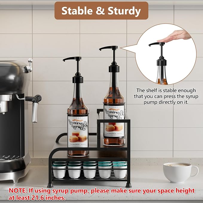 Coffee Syrup Rack Organizer, 3-Tier with 35 K-Cup Pod Holder Drawer | Black Metal Rack for 8 Syrup Bottles,Countertop Bottle Holder Stand for Wine,Space-Saving Design for Kitchen Cafe Station