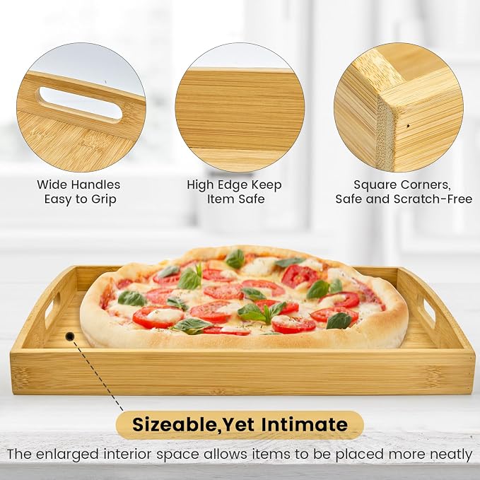 Bamboo Serving Tray Set of 4, Bamboo Trays with Handles | Decorative bamboo serving trays for serving, storage,kitchens, living rooms,bathrooms, outdoor scenarios and more
