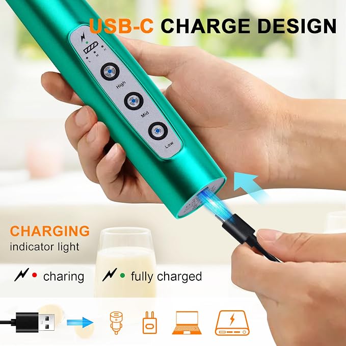 YUSWKO Handheld Milk Frother Wand for Coffee, Rechargeable Electric Whisk with 3 Heads 3 Speeds Drink Mixer Coffee Frother For Latte, Cappuccino, Hot Chocolate, Egg, Turquoise