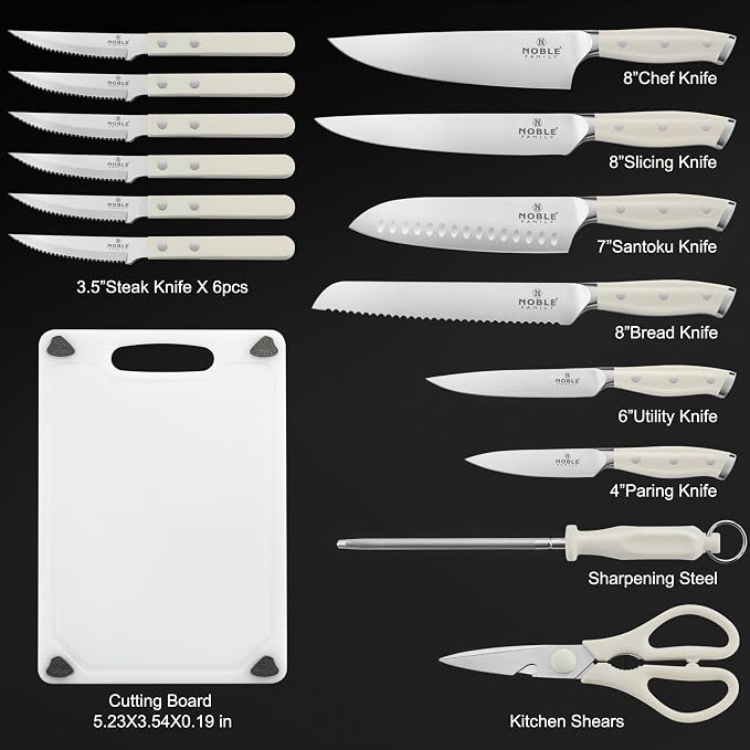 N NOBLE FAMILY In-drawer Knife Block Set, 16PCS Kitchen Knife Set with Wooden Block, Chopping Knives Set, Stainless Steel Knife Block Set, Sharp Cooking Knife Set with Cutting Board, Rust Proof, White