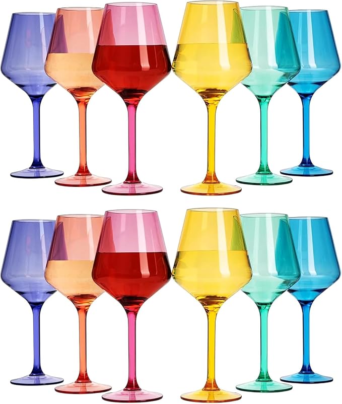European Style Plastic Crystal Unbreakable Stemmed Wine Glasses | Set of 12 | Acrylic Glasses Tritan Bright Colors Shatterproof BPA-free, Outdoor, Pool, Indoor, Hand Wash 17oz Gift, Everyday & Holiday
