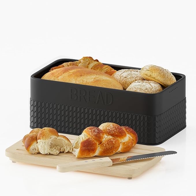 Bread Box for Kitchen Countertop - Metal Bread Storage with Bamboo Cutting Board Lid & Bread Knife, Corner Bread Container for Homemade Bread and Toast, Black