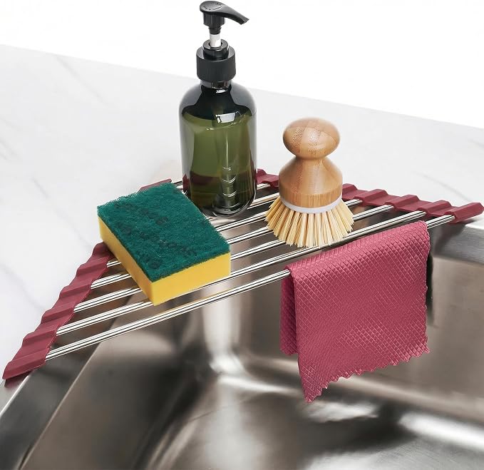 Tomorotec Triangle Roll Up Dish Drying Rack 304 Stainless Steel Wine Red | BPA-Free Food-Grade Silicone Edges Foldable Waterproof Rustproof Heavy-Duty Space Saver Heat Resistant to 550°F