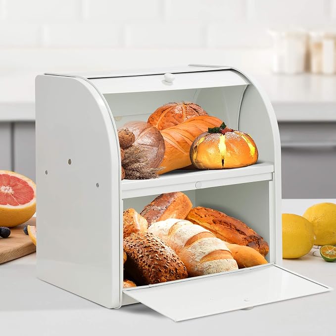 Olebes Bread Box, Metal Bread Box For Kitchen Countertop, Bread Storage Container Holds 2 Loaves Of Bread, High Capacity Breadbox, Bread Holder Suit Farmhouse Kitchen Decor For Counter (White)
