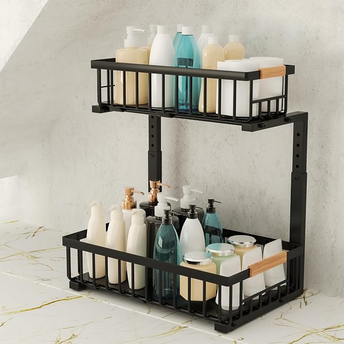 Under Sink Organizer, 2-Tier Pull-Out Cabinet Organizer – Adjustable Height, Left or Right Install – Smooth Slide-Out Drawers, Heavy-Duty Metal Rack for Kitchen & Bathroom, 1 Pack