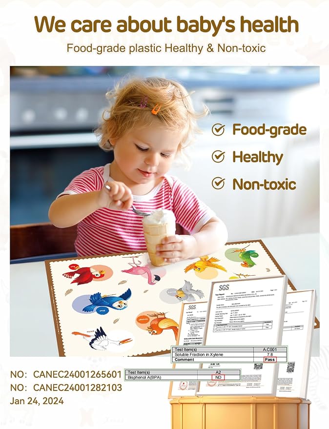 45 Pack Sticky Disposable Placemats for Baby & Toddlers,Cute Color Bird Toddler Placemat 12"x18" Kids Table Mat for Party, Picnic Table, Restaurants Dining Table Travel Essentials for Toddlers
