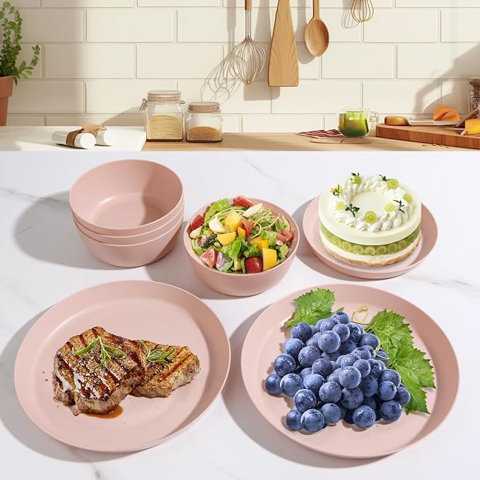 EjonirInjonir 12pcs Pink Wheat Straw Dinnerware Set for Family/Dorm | Eco-Friendly,Reusable Pink Dishes & Wheat Straw Plates.Deep Plates and Bowls Sets for Family Picnic, RV, and Camping.