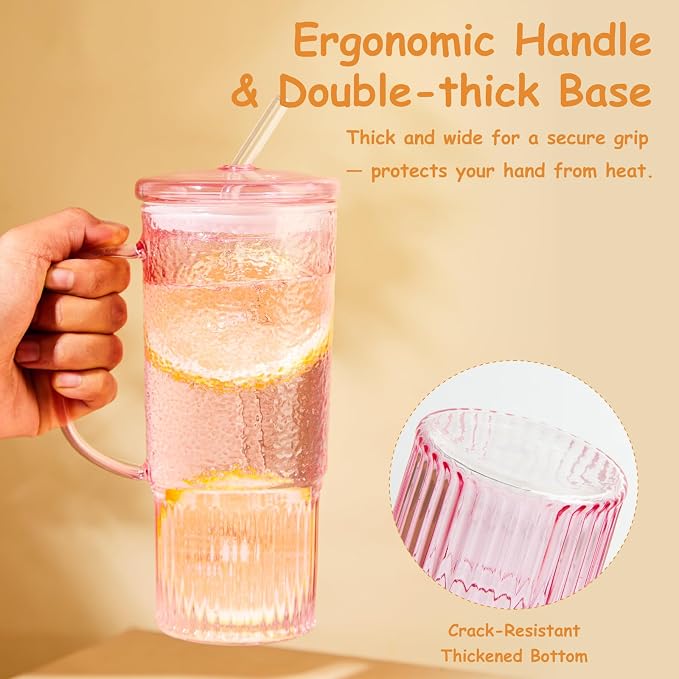 JunVpic Glass Tumbler, 24 oz Glass Cup with Lid, Straw and Handle | Pink glass design, Hammered Texture, reusable straw and lid for iced coffee, tea, smoothies and hot & cold drink
