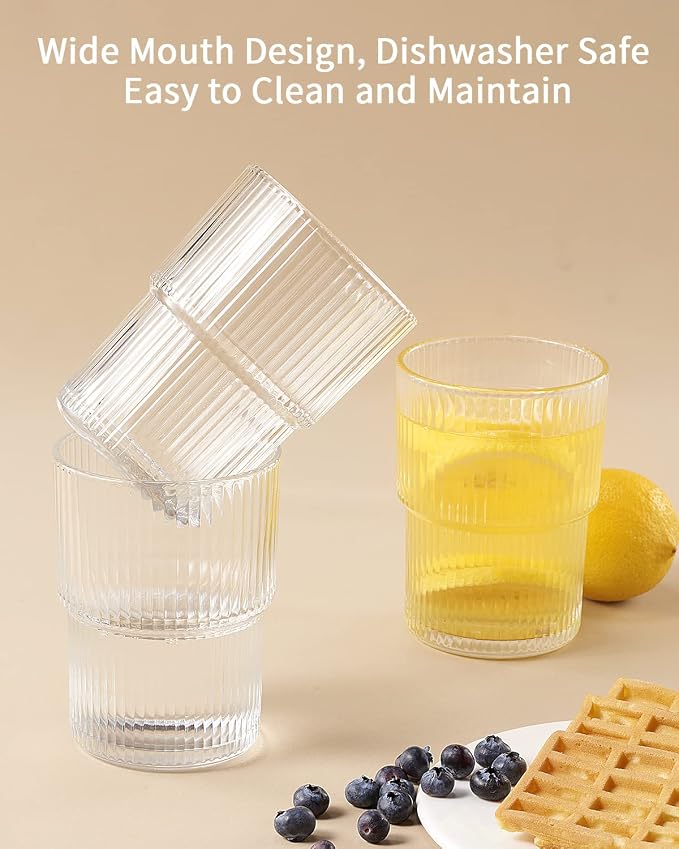 6PCS Ribbed Drinking Glasses,14Oz Stackable Glass Cup Set for Bar & Kitchen | Fluted Designed,Vintage Clear Water Glasses for Cocktail & Juice & Coffee,Versatile cup,gifts,party,wedding