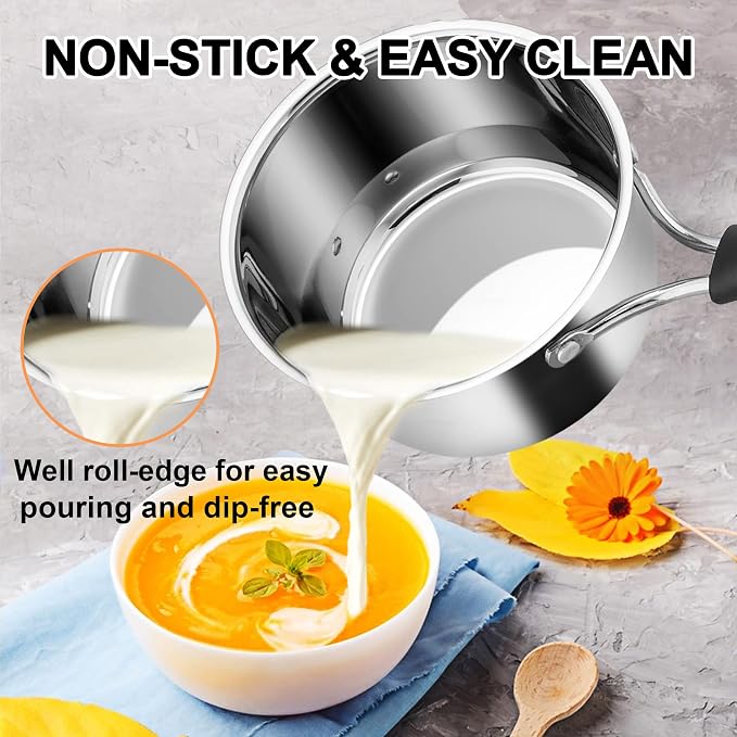 LIANYU Sauce pan Set with Lid, 1 Quart and 2 Quart Stainless Steel Saucepan | Small Kitchen Cooking Pot for Milk, Soup & Butter, Stay-cool Handle, Induction Ready, Nonstick & Non Toxic, Dishwasher Safe
