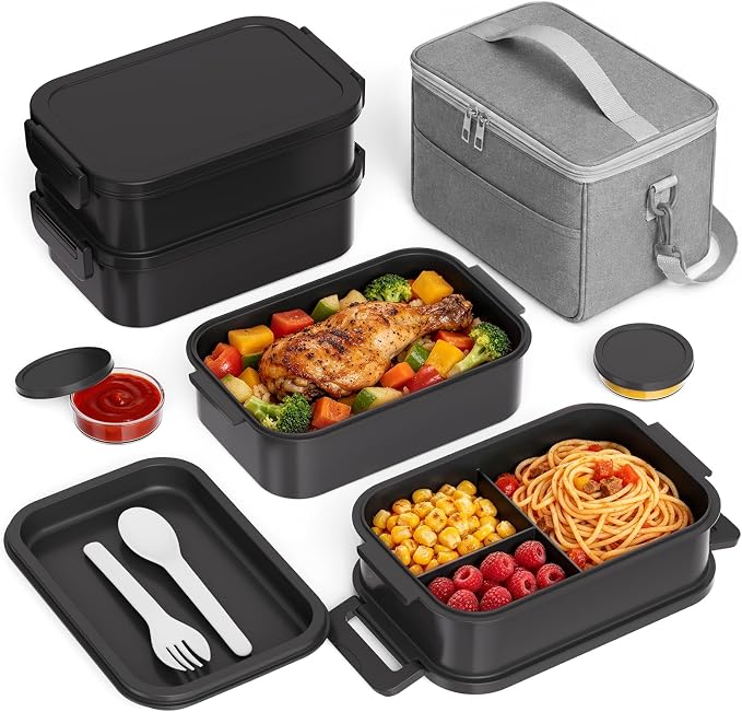 Bento Box Adults Lunch Box - 2130ml Lunch Box for Men with Insulated Lunch Bag, Utensils & Sauce Container, Leak Proof Bento Box for Boys, Reusable Plastic Lunch Containers for Work, Meal Prep, Black