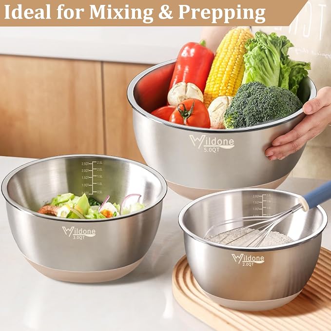 Wildone Mixing Bowls with Airtight Lids, Stainless Steel Nesting Bowls Set | Metal Bowls with 3 Grater Attachments, Non-Slip Bottom, Size 5, 4, 3, 2, 1.5, 1, 0.63QT, Include Utensil Set for Prep, Khaki