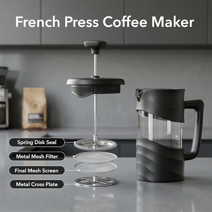 OVENTE 34oz French Press Coffee Maker with 4-Level Filtration, Black FPW34B | Heat-Resistant Borosilicate Glass Cafetiere, Dishwasher Safe Stainless Steel Filter, Compact Cold Brew for Travel and Camping