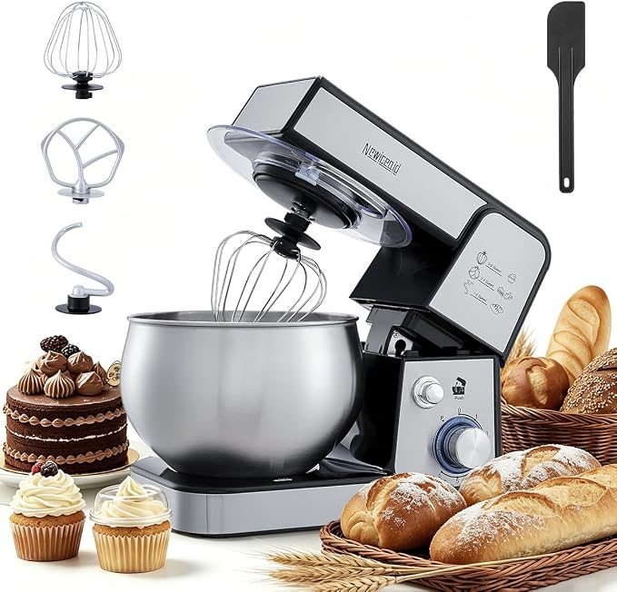 Stainless Steel 6-Speed 5.3QT Stand Mixer | 400W motor, 5.3QT bowl, tilt-head design. Dough hook, beater & whisk. For bread, cakes & dough