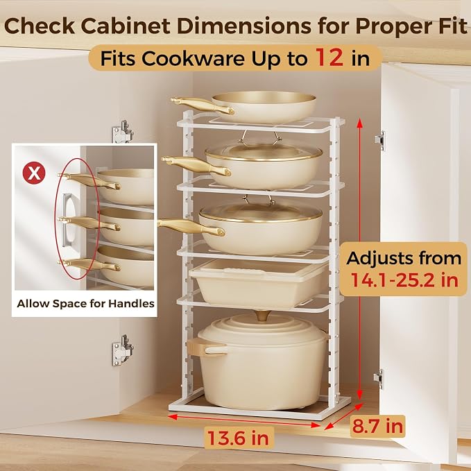 LAMU Pots and Pans Organizer Under Cabinet, 5 -Tier Dual-Pillar Design | Adjustable All-Metal Rack Stores Pots, Pans And Lids in Cabinets, on Countertops or Under Sinks, Holding Up to 55 Lb White