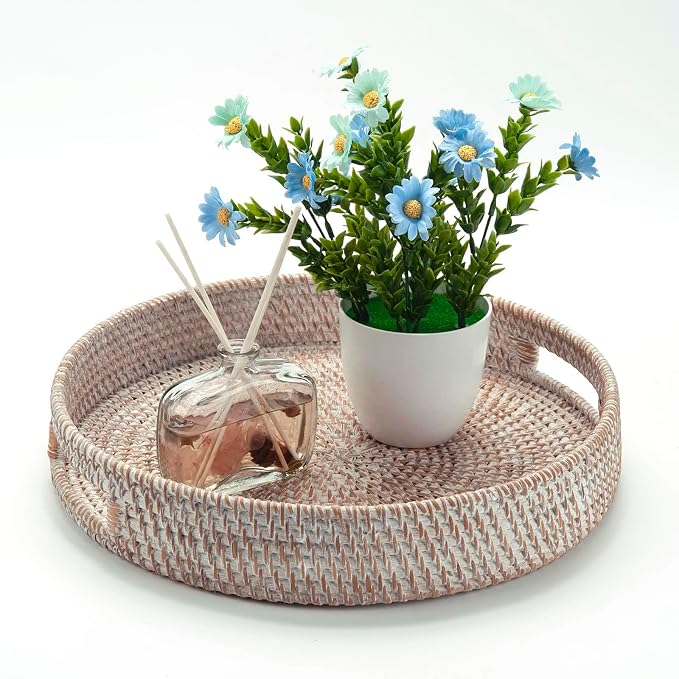 14" Round Rattan Tray, Hand Woven Serving Tray with Handles, Wicker Serving Basket, Decorative Tray for Home Decor, Whitewash