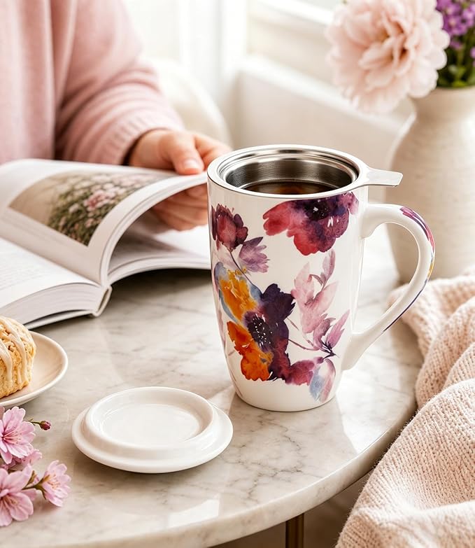 AmorArc Tea Cup With Infuser and Lid, 18oz Loose Leaf Tea Mug With Steeper | Porcelain Tea Mug With Infuser and Lid, Strainer Tea Cup for Tea Lovers, Home & Office, Housewarming Birthday Gift