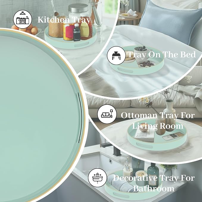 13" Mint Green Decorative Tray, Round Serving Tray with Handles | Plastic Decorative Tray for Coffee Table, Modern Ottoman Tray, Circle Tea Tray, Round Melamine Tray for Living Room, Bathroom