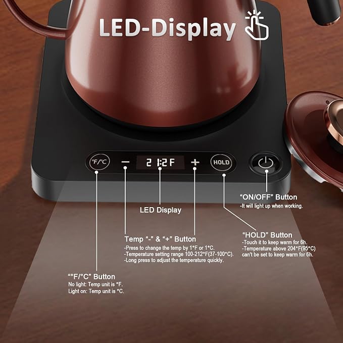 Gooseneck Electric Kettle 1.0L, 1000W, Pour Over, Vintage Copper | 104-212°F Temp Control, LED Display, Keep Warm, 304 SS, BPA-Free, For Pour Over & Tea