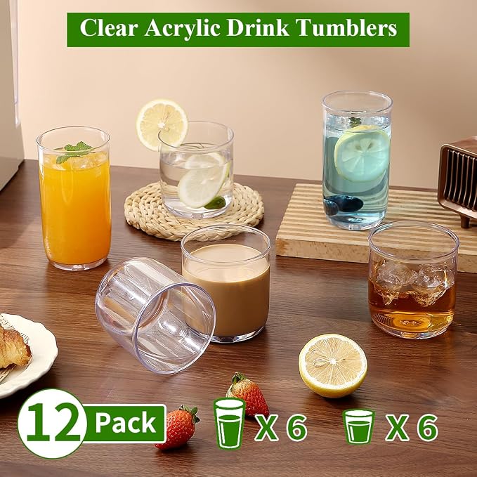 Kyraton Drinking Glasses Set of 12, PET Clear Plastic Highball Glasses 14oz & Whisky Cocktail Glasses Set 11.5oz, Heavy Duty Unbreakable Water Glasses Cup Tumbler Glassware for Beer, Juice, Milk