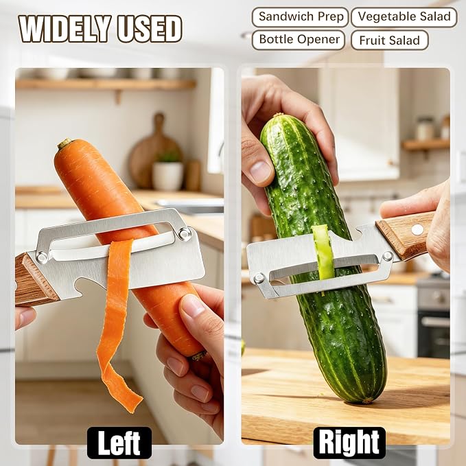 Left & Right Hand Vegetable Peeler Set with Bottle Opener, Heavy-Duty Thick Stainless Steel Blade, Durable Wooden Handle Kitchen Peeler for Fruits & Vegetables