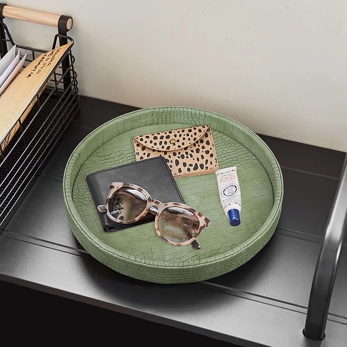 HofferRuffer Faux Leather Round Serving Tray, Vegan Croco Leather Decorative Food Tray for Storage Drinks, Snack & Cosmetics, Dia.12'' x 1.6'' (Light Green)