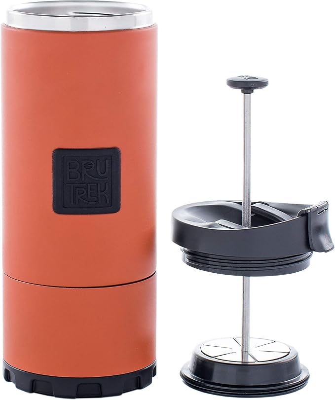 BruTrek | OVRLNDR Travel French Press | 24 fl.oz Drinkable Lid | Red Rock | Drinkable Capacity, Vacuum Insulated, Easy To Clean Removable Bottom, No Spill Lid, On The Go Coffee Brewing (Red Rock)