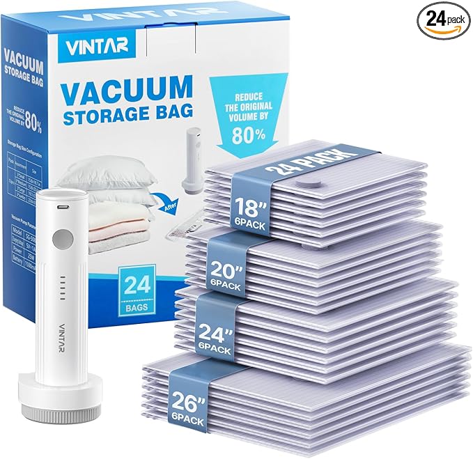 VINTAR 24 Pack Vacuum Seal Bags for Clothing Travel with Wireless Pump | Rechargeable Cordless Pump, Triple-Seal Leak-Proof, 24-Pack 4 Sizes (6J+6L+6M+6S) for Travel Luggage, Suitcase, Home Storage