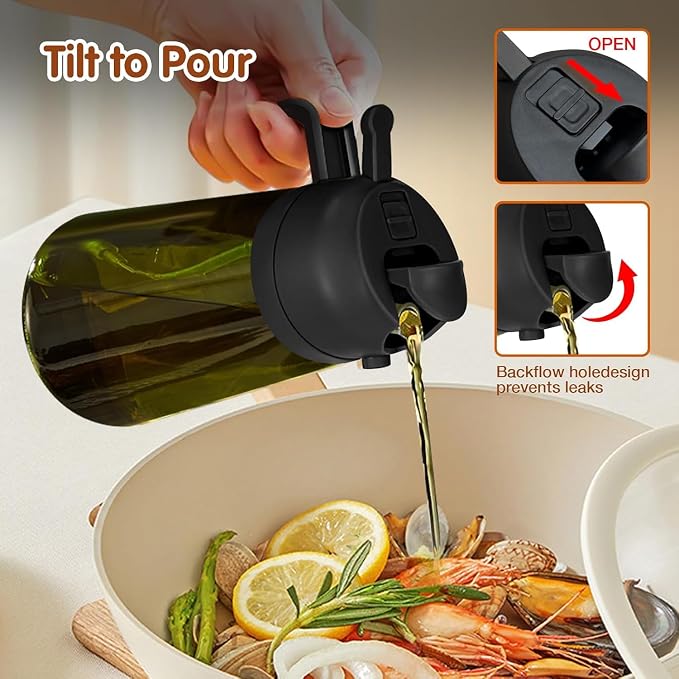 2PCS 16oz/470ml Glass Olive Oil Sprayer for Cooking - 2 in 1 Olive Oil Dispenser for Kitchen Gadgets, Air Fryer, Salad, and BBQ (Black & Black)