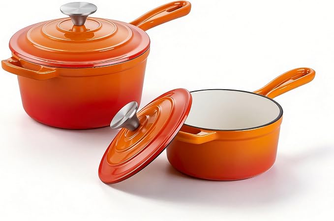 Homikit 1 QT & 2 QT Saucepan Set, Enameled Cast Iron Saucepan with Lid for All Cooktops, Small Pot Mini Dutch Oven for Kitchen Cooking, Boiling, Nonstick & Heavy Duty, Flame Orange