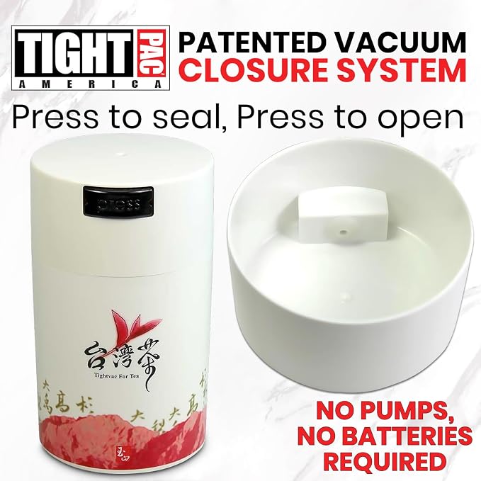 Teavac 6-Ounce Vacuum Sealed Tea Storage Container, White Cap and Body/Red Tea Sign