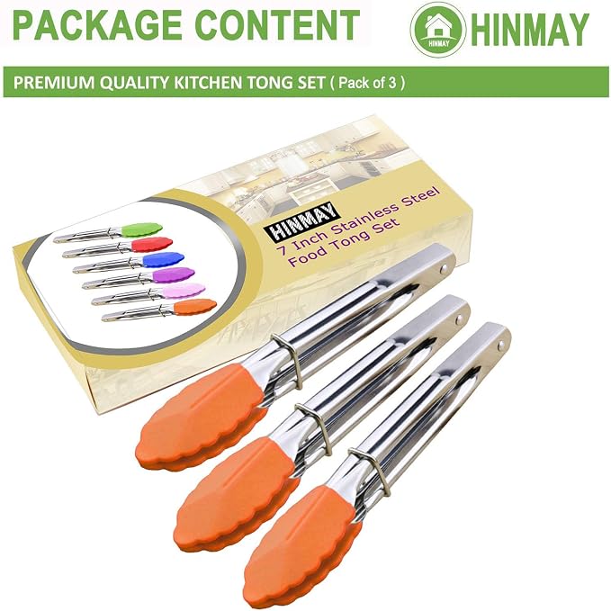 HINMAY 7-Inch Silicone Tipped Kitchen Tongs, Set of 3 (Orange)