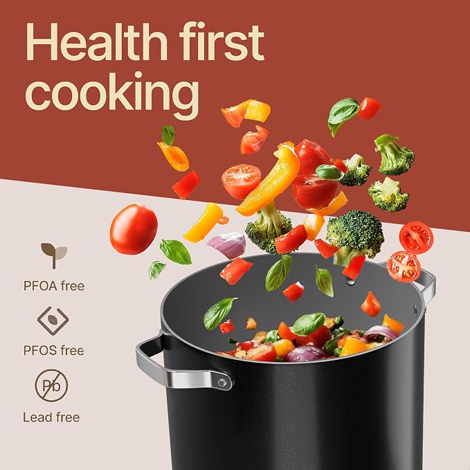 Bakken 16 Quart Ceramic Coated Stock Pot with Lid, Easy Clean Nonstick Pot, Tempered Glass Lid, Riveted Stainless Steel Handles, Oven Safe Up To 500°F, PTFE & PFAS Free, All Stove Compatible, Black
