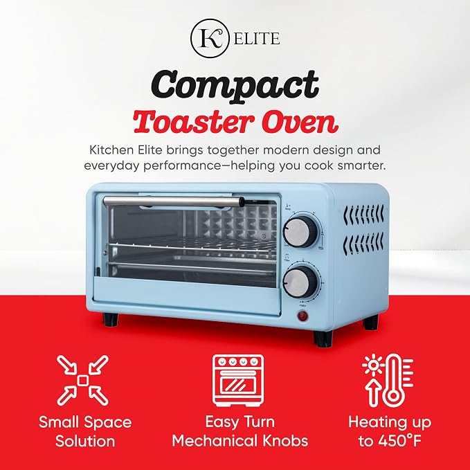 Kitchen Elite 4-Slice Countertop Toaster Oven, Stainless Steel Tray, Blue