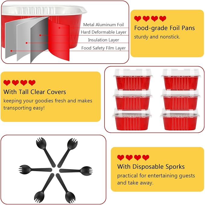 LNYZQUS 10oz Mini Cake Pans with Lids, Small Cinnamon Roll Containers | 40 Pack, Individual, Red, Disposable, Aluminum Foil, Square Baking Tins, 4 Inch Dessert Cups for Christmas Treats