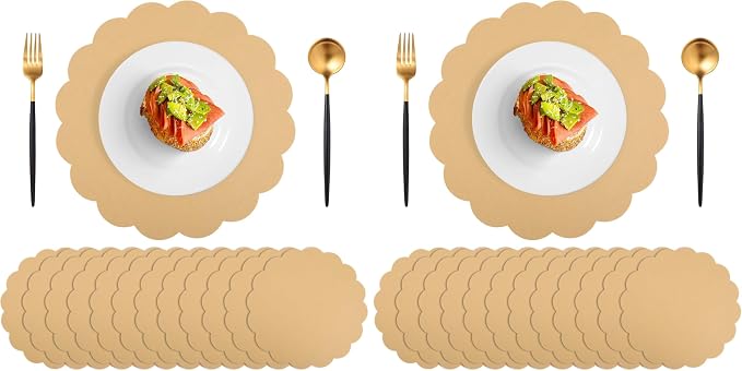 60 Pcs Kraft Paper Placemats, 13.5 Inch Scalloped Placemat Disposable Round Table Place Mats Decorative Paper for Dining Table Birthday Rustic Farmhouse Holiday Party (Pack of 2)