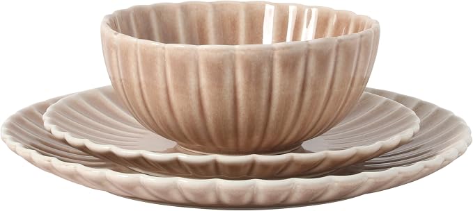 Gibson Elite Peach Orchard 12-Piece New Bone China Dinnerware Set Service for 4, Embossed Fluted Plates and Bowls, Dishwasher and Microwave Safe, Mauve Rose