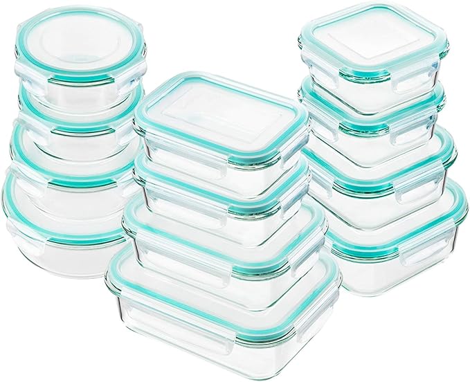 Bayco Glass Food Storage Containers with Lids, [24 Piece] Meal Prep, Airtight Bento Boxes, Leak Proof (12 lids & 12 Containers) - Blue